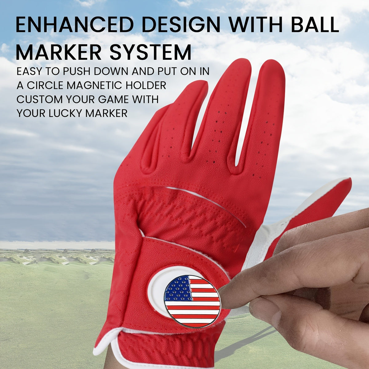Golf Gloves Men Left Hand PU with Ball Marker 2 Pack All Weather Soft Grip