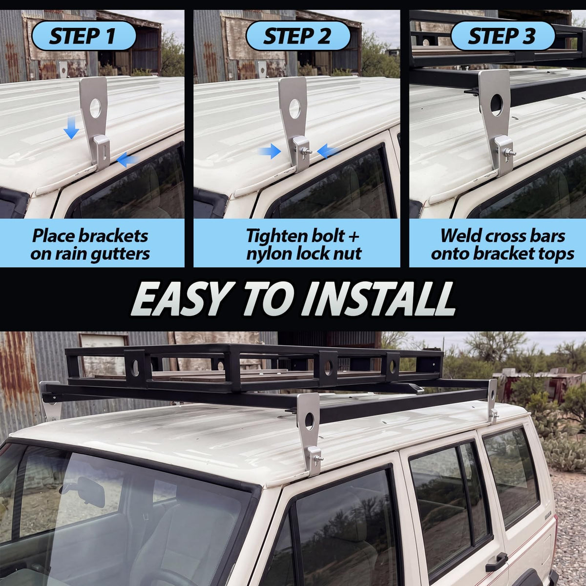 Universal Roof Rack Gutter Mounts Kit - Galvanized Steel, Black, 4 Pack