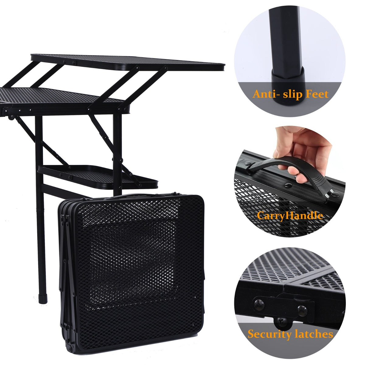 Portable Camping Folding Table with Side Shelves and Storage