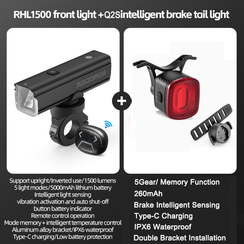 High Brightness Bike Front & Rear Light Set USB-C LED Headlight 1500LM