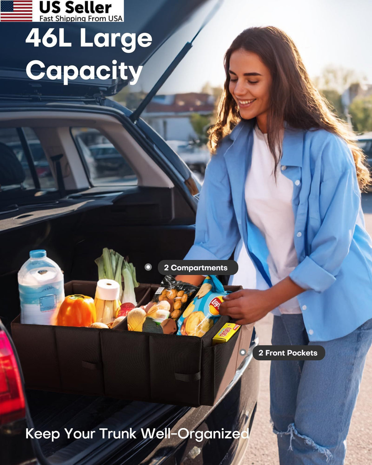 Medium Car Trunk Organizer with 2 Compartments - Durable Black Storage Bin