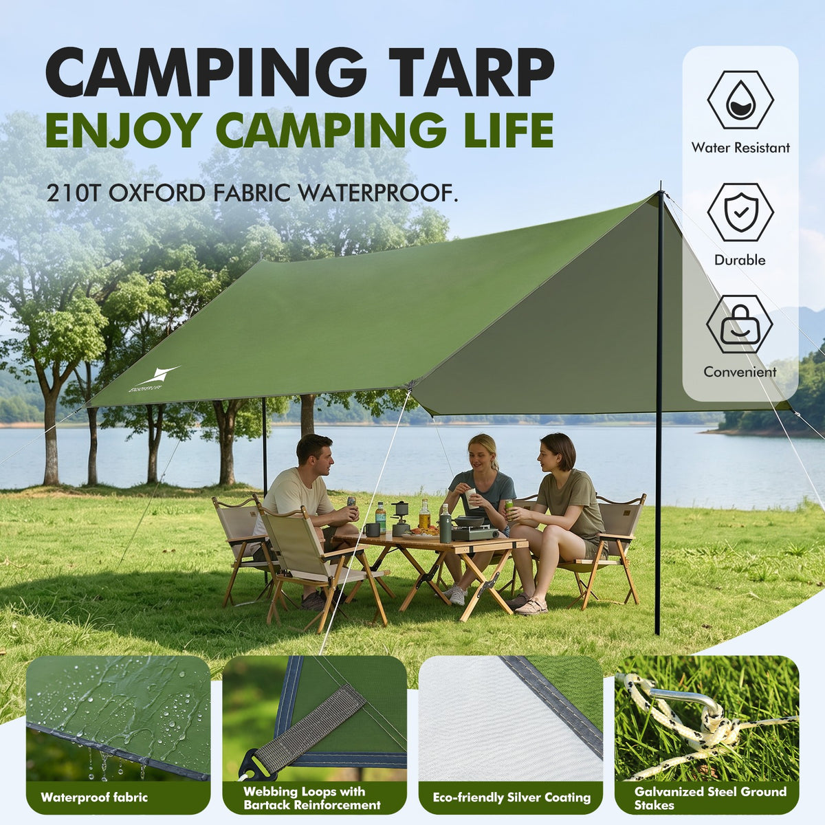 Waterproof Camping Tarp 10FT Rainfly Shelter for Outdoor Hiking & Camping