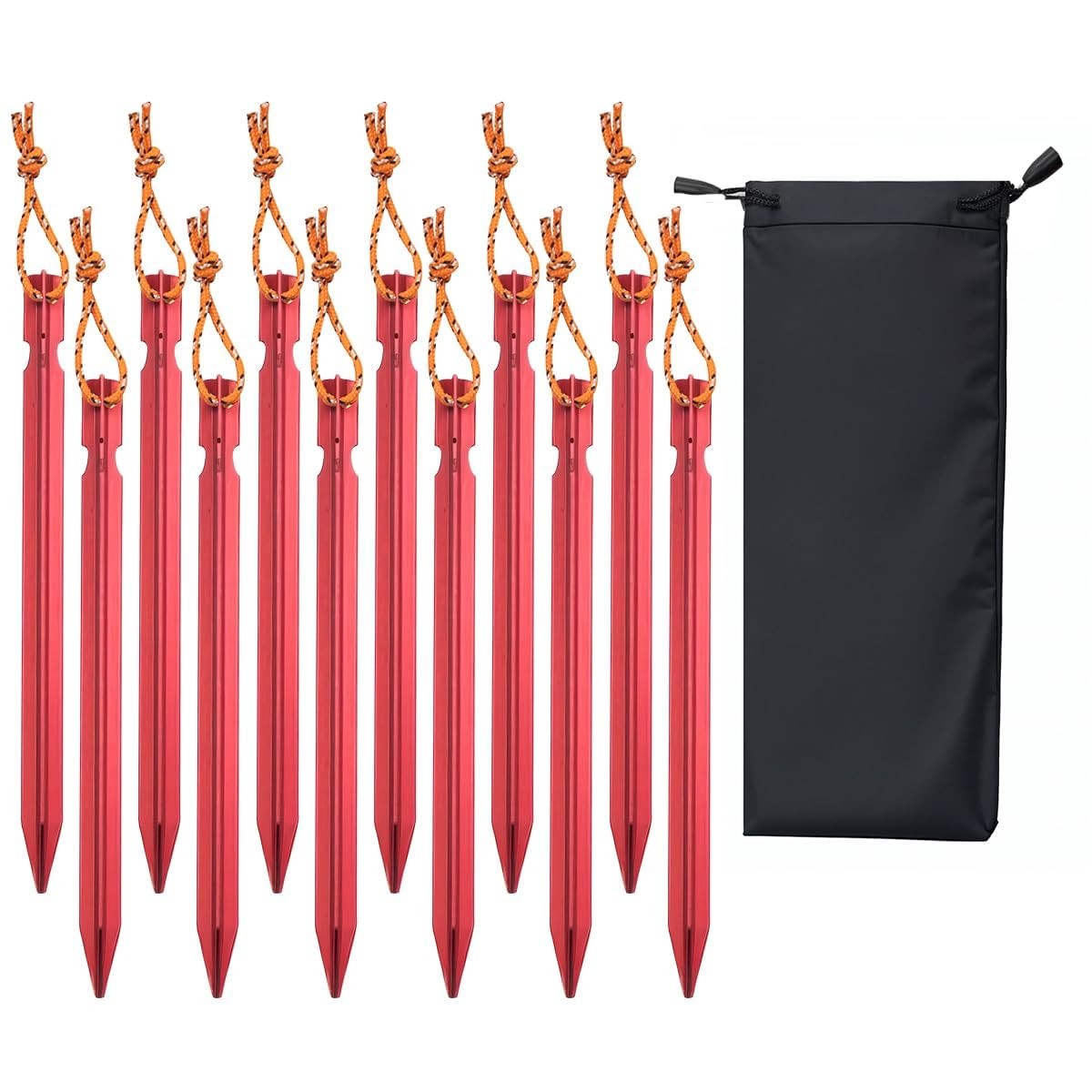 12 Pack Ultralight Aluminum Tent Stakes - 7-inch Ground Pegs with Reflective Red Ropes