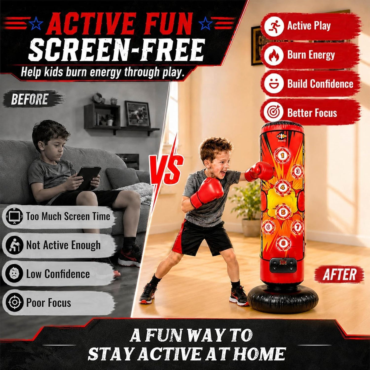 Kids Inflatable Punching Bag Set with LED Targets, Gloves, Mat & Pump
