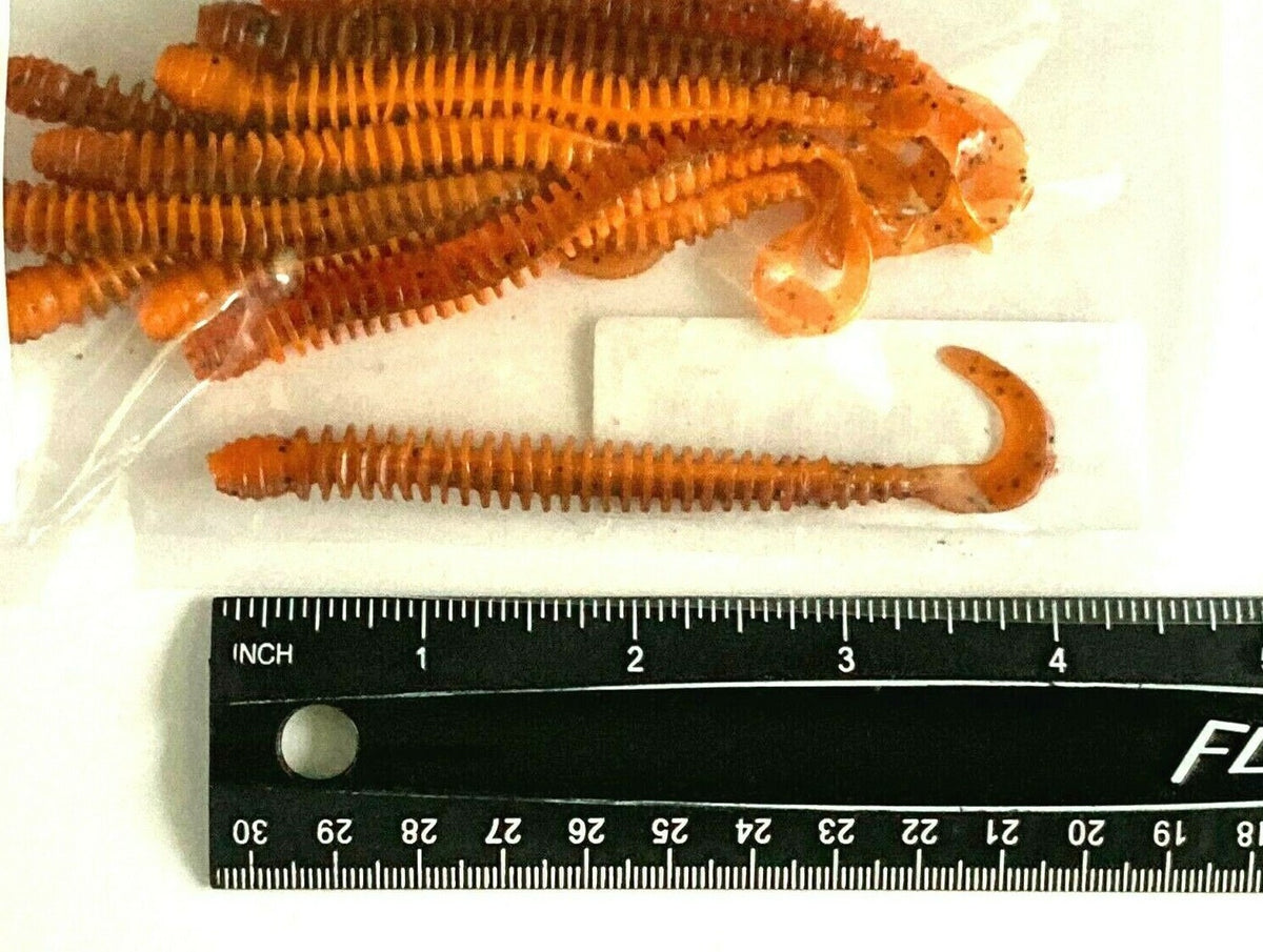 2 Pack Ribbed Curly Tail Worm Bait Set for Fishing - Brown & Orange Pepper Flake Colors