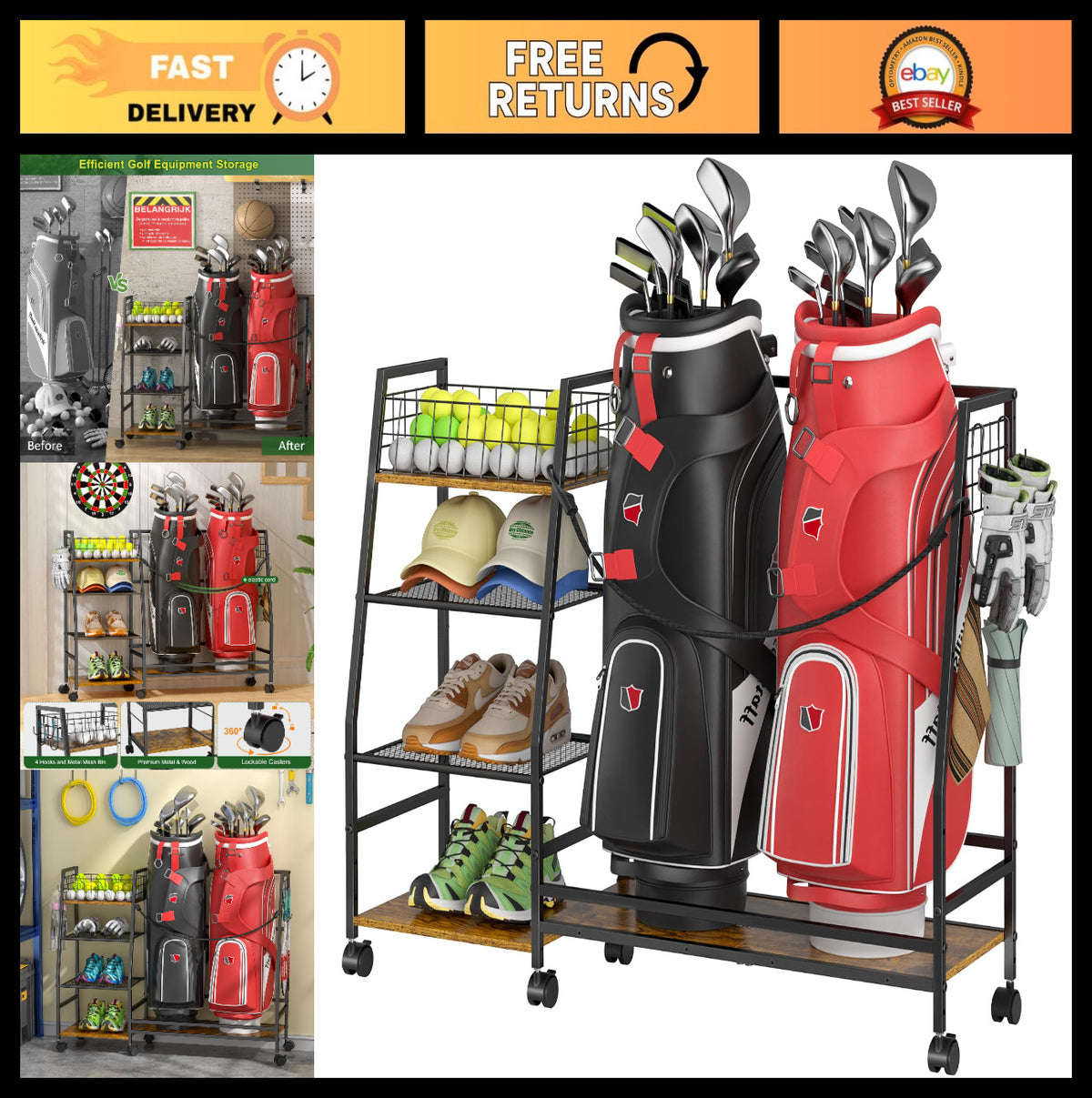Golf Bag Storage Rack with Wheels - Organizer for Golf Equipment & Accessories