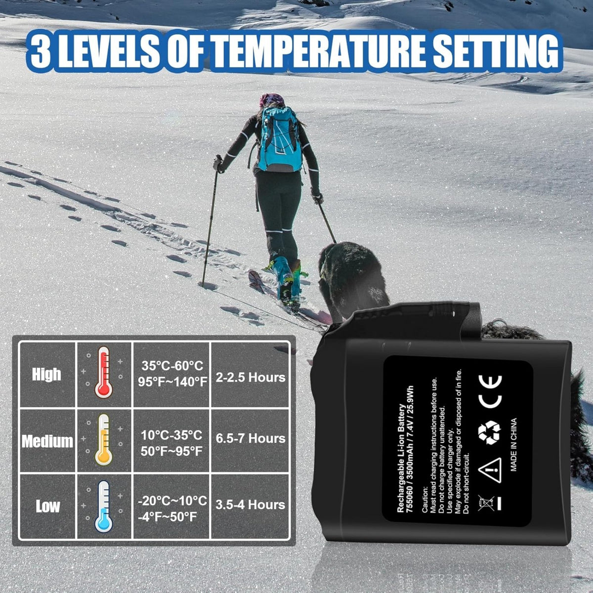 Rechargeable 7.4V 3500mAh Battery Pack for Heated Gloves and Socks - 2 Pack