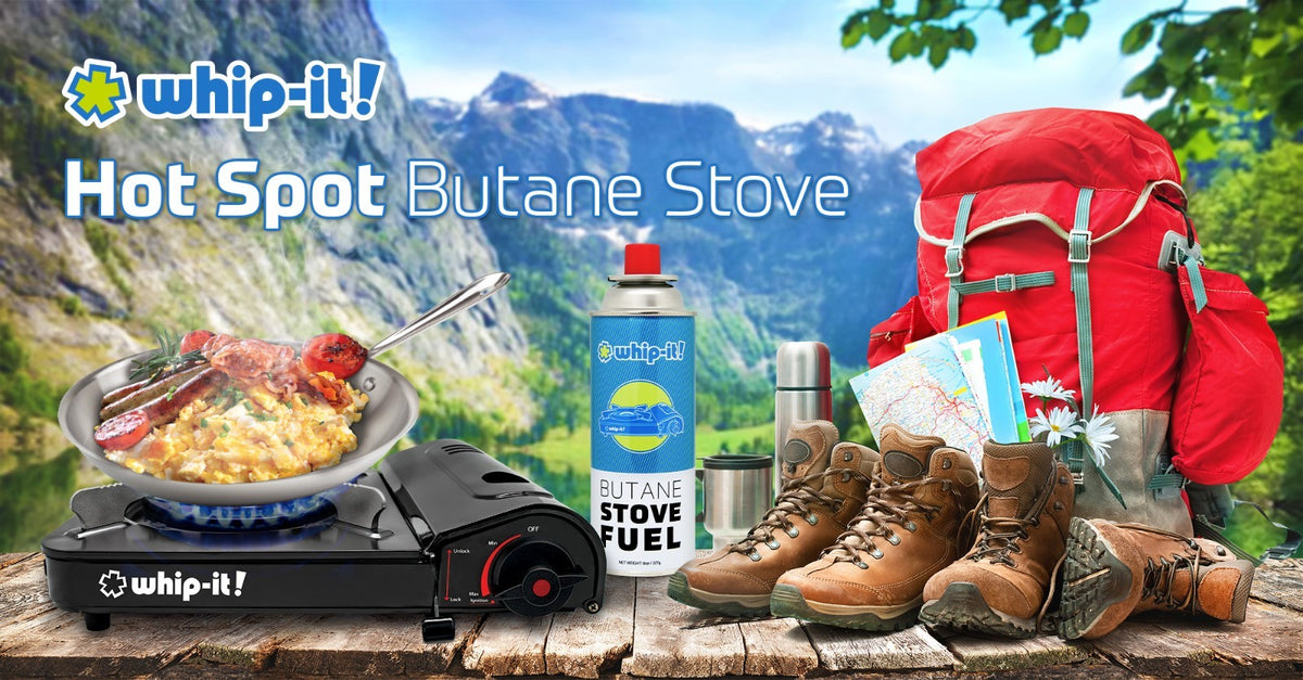 Portable Camping Stove with Hard Case - Single Butane Gas Burner, Includes 4 Cans