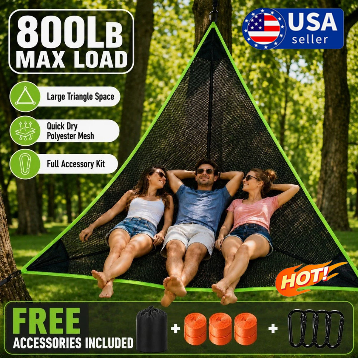 Heavy-Duty Multi-Person Triangle Hammock with Portable Straps & Storage Bag