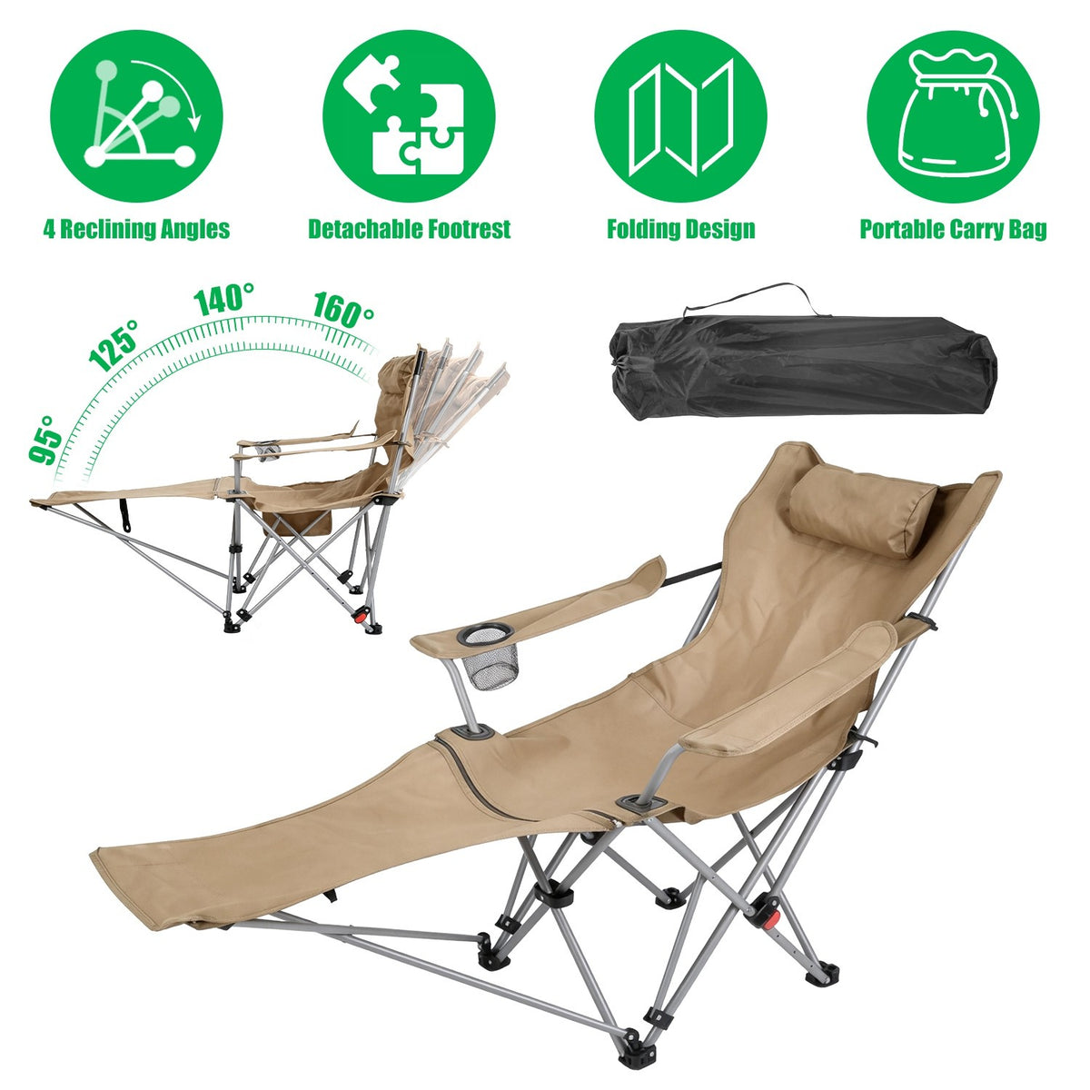 Reclining Camping Chair with Canopy & Footrest - Folding Outdoor Seat