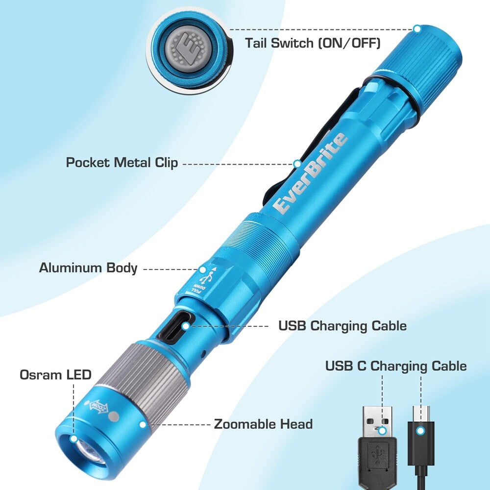 Rechargeable LED Pen Light 300LM with Zoom & USB-C Cable - Portable Flashlight