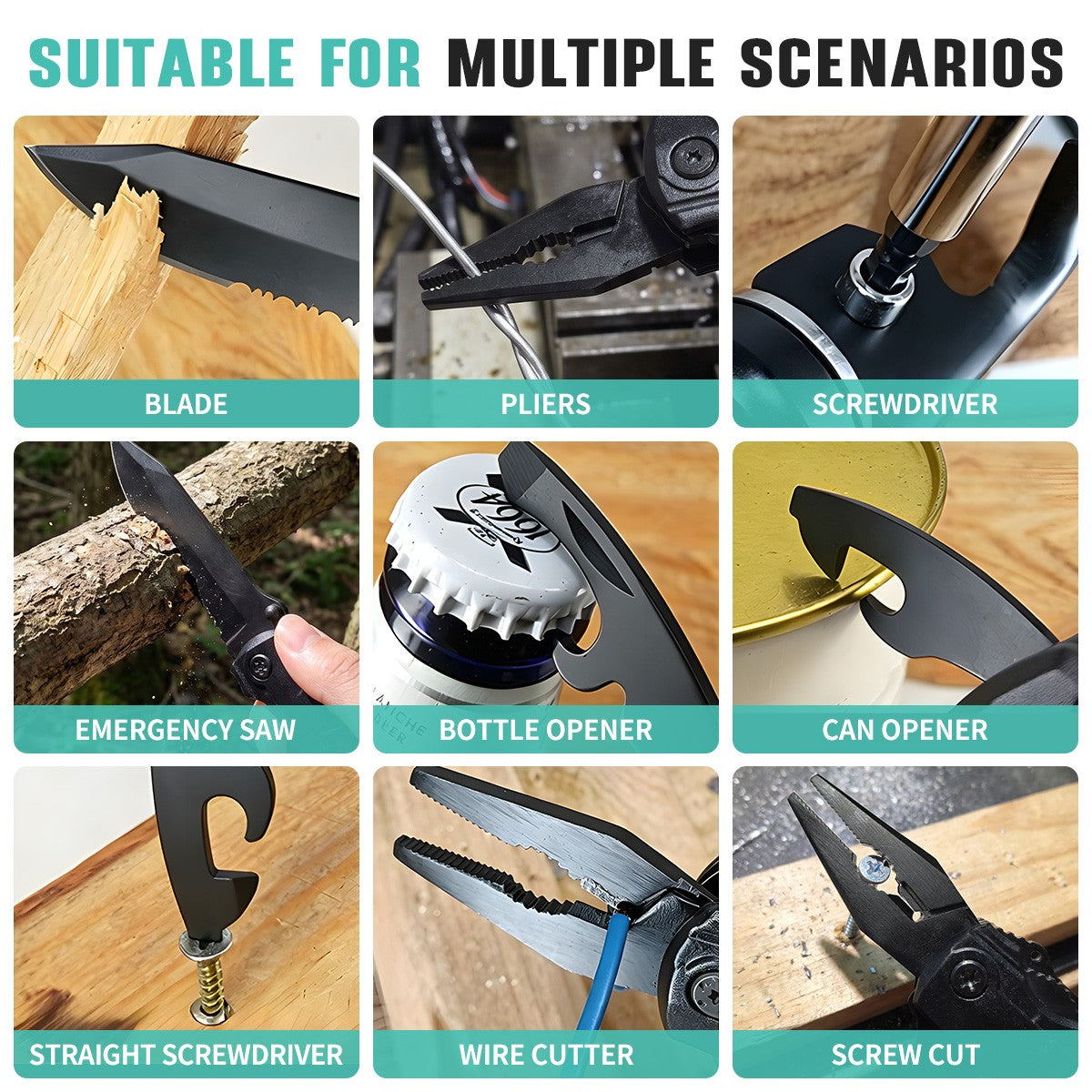 15-in-1 Folding Multitool Knife with Pliers, Screwdriver Bits & Sheath
