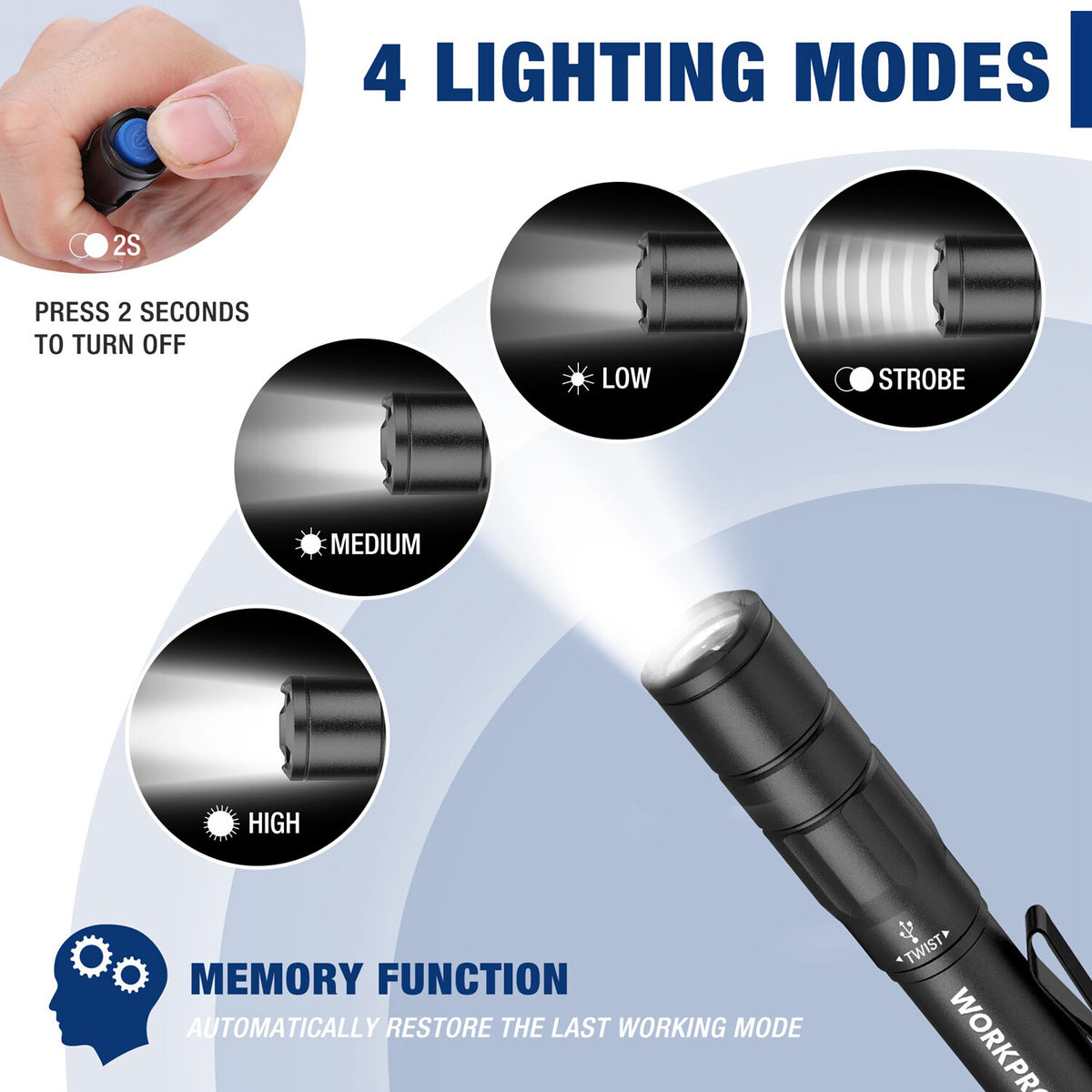 Rechargeable Mini LED Pen Light Flashlight 2 Pack with Memory Function
