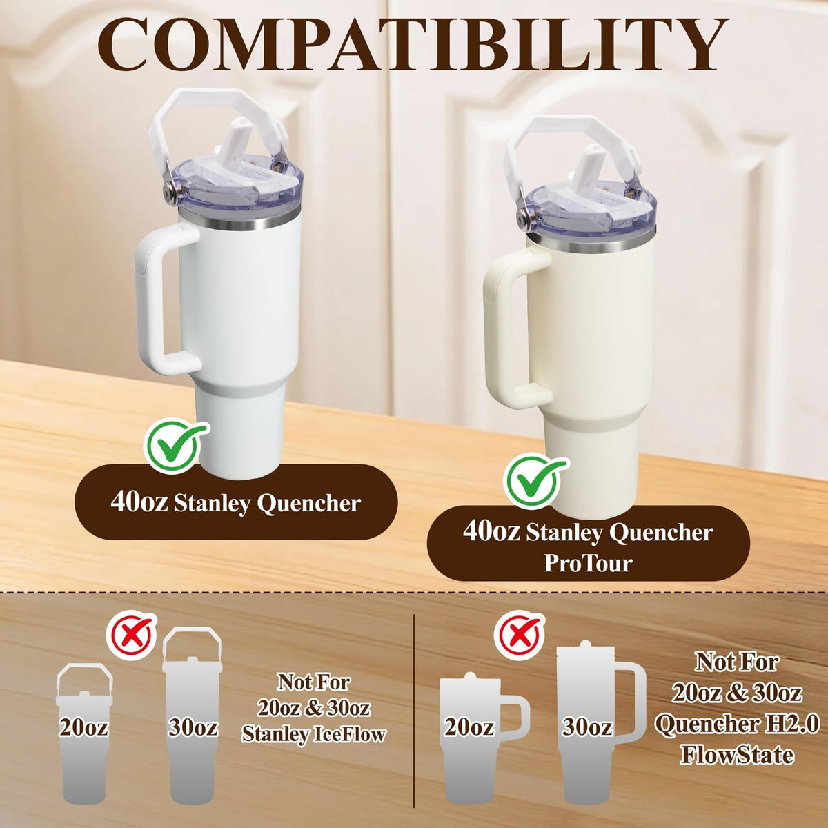 Leakproof Flip Straw Lid with Handle for 40oz Stanley Quencher White