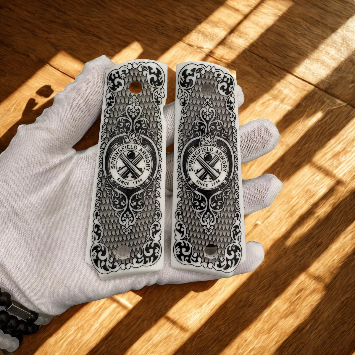1911 Pistol Grips White Pearl Polymer with Springfield Logo - Custom Full Size Fit