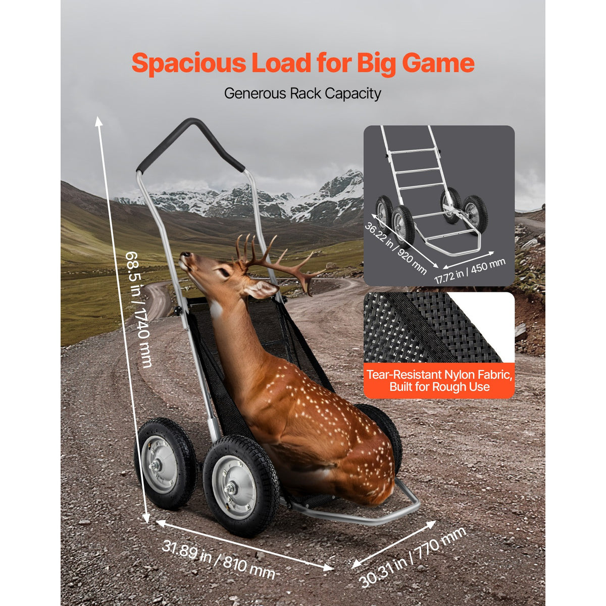 Folding Deer Game Cart with 4-Wheel Utility Dolly 500 LBS Capacity