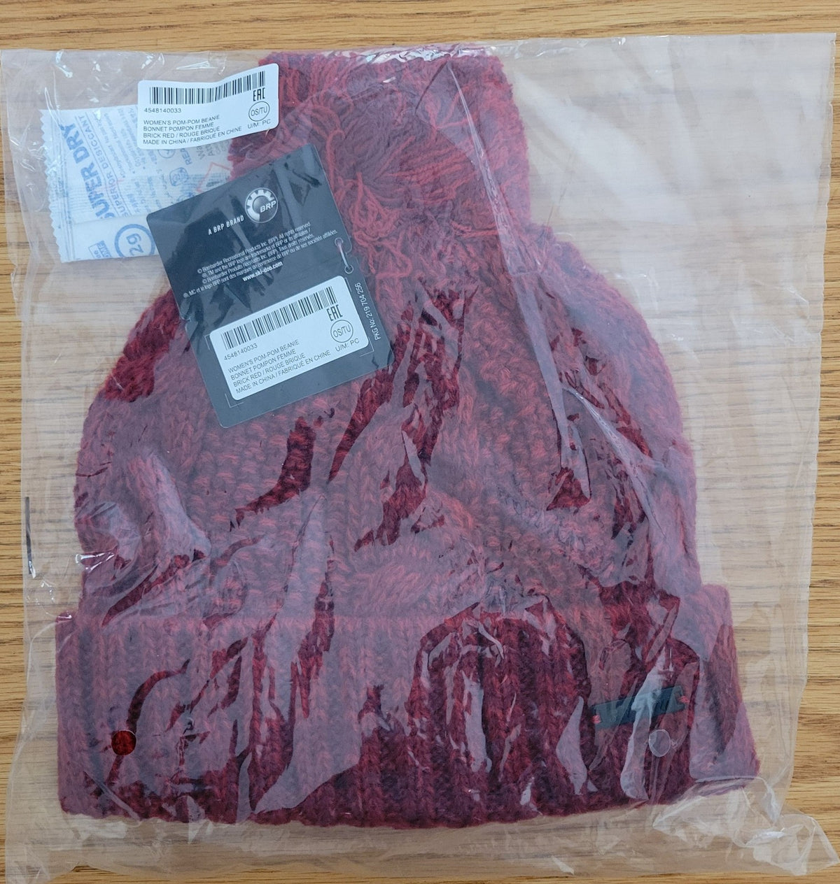 Women’s Pom Pom Beanie Hat - Brick Red Micro-Fleece Lined Winter Knit Cap