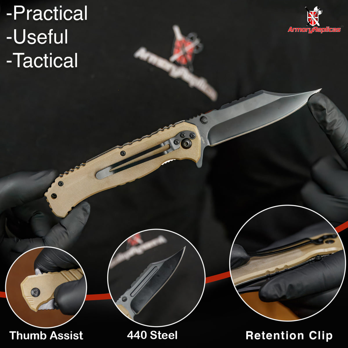 Tactical Black Blade Knife with G-10 Handle, Spring Assist, 8.5 Inch