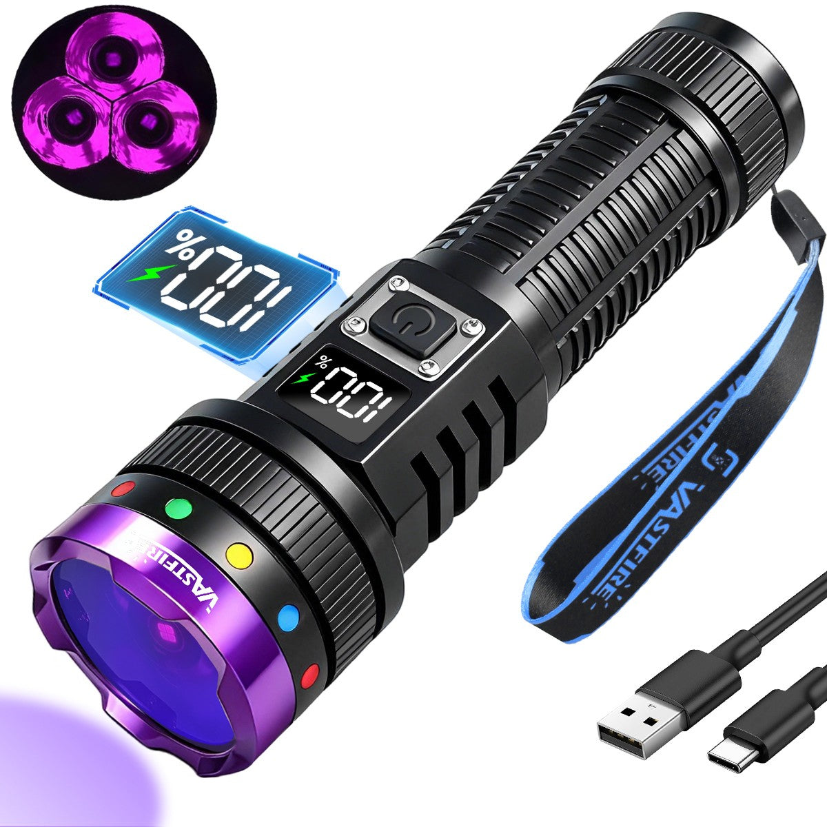 Rechargeable 30W 365nm UV Light Flashlight with Filter Lens and LCD Display