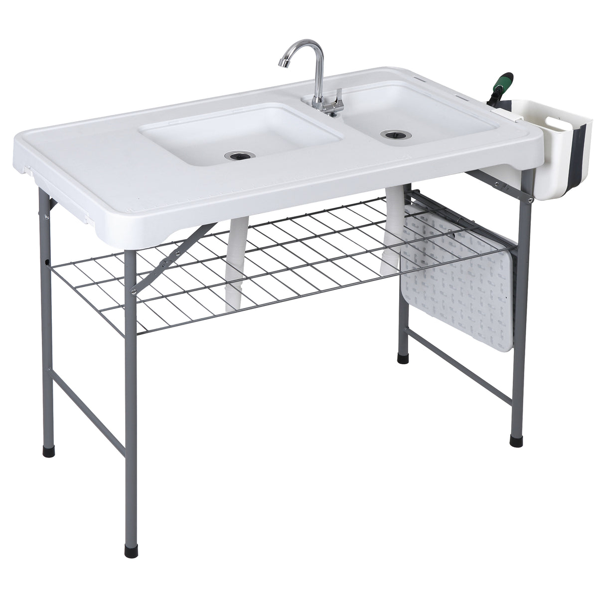 Fish Cleaning Station with Dual Sinks and Swivel Faucet - Portable Folding Camping Table