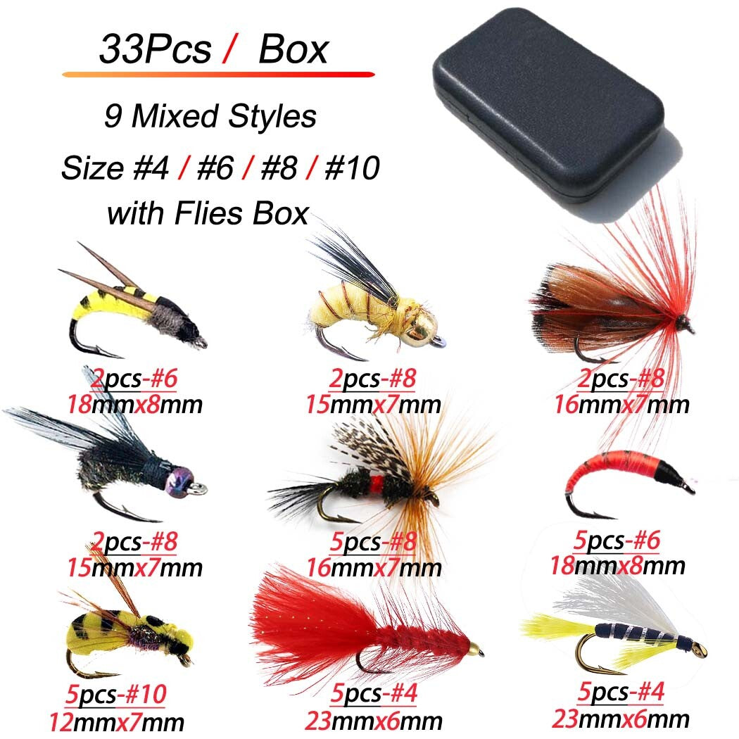 Wet Dry Nymph Fly Fishing Lure Set for Trout & Panfish - Multiple Sizes & Styles