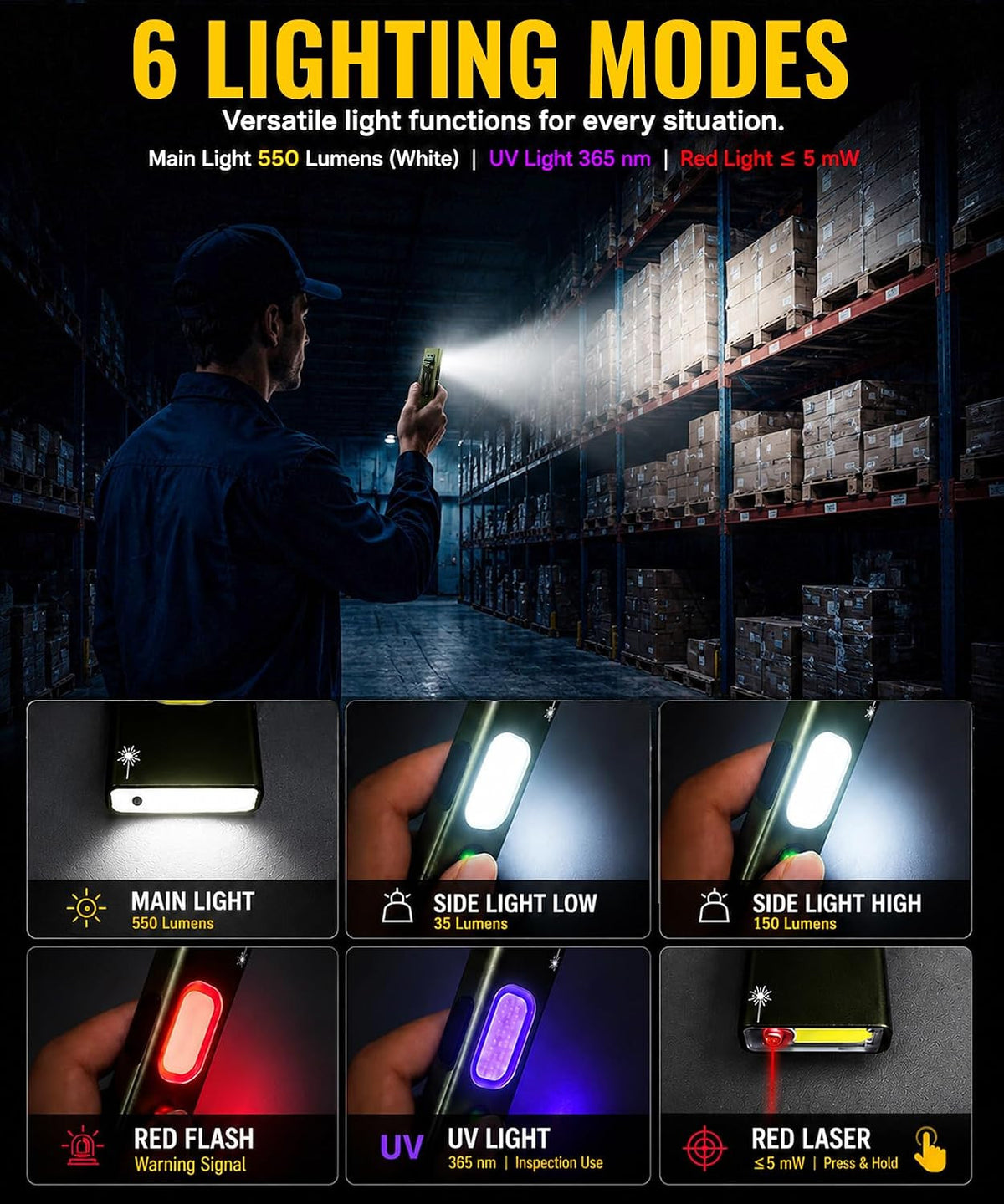 Rechargeable Flat EDC Flashlight with Red Laser and UV Light