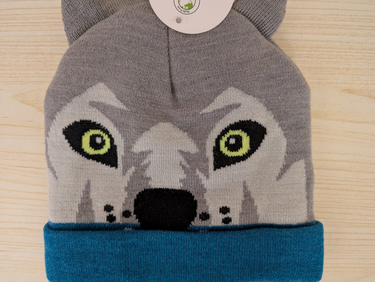 Winter Beanie Hat and Gloves Set for Boys - Wolf Knit Design, Grey Blue