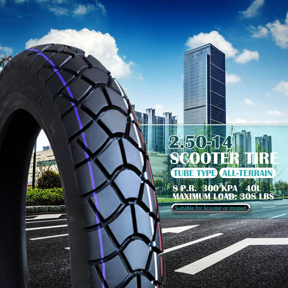 2.50-14 Bike Tire and Inner Tube - Street Tread, Fits 60/100-14, Tube Type