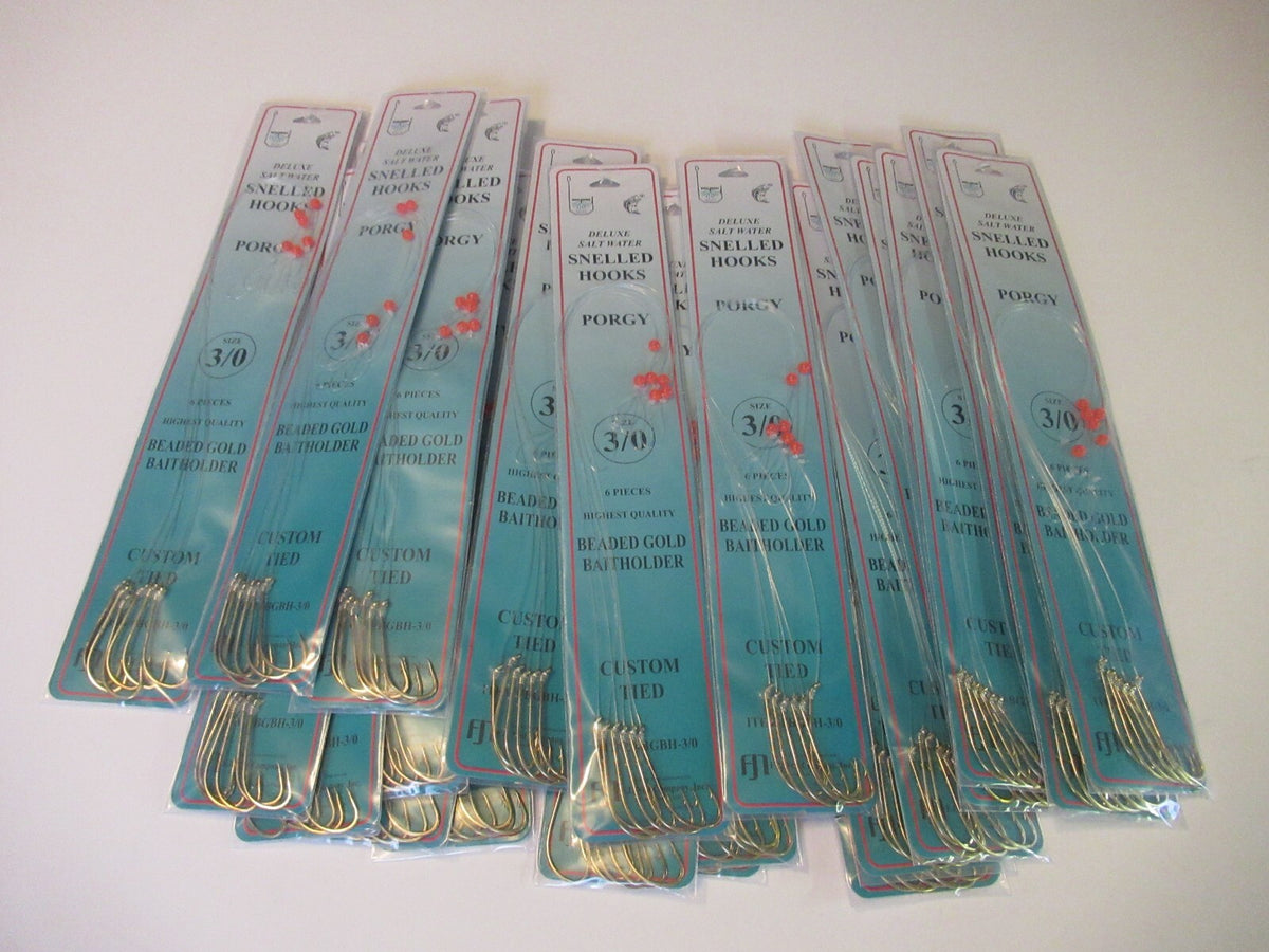 144 Beaded Gold Fish Hook Rigs for Porgy & Sea Bass Fishing - Multiple Sizes