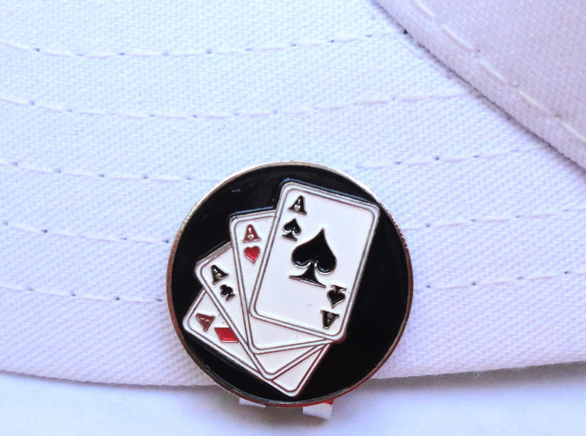 4 Aces Golf Ball Marker - Metal Poker Hand Accessories, Attach to Hat Clip