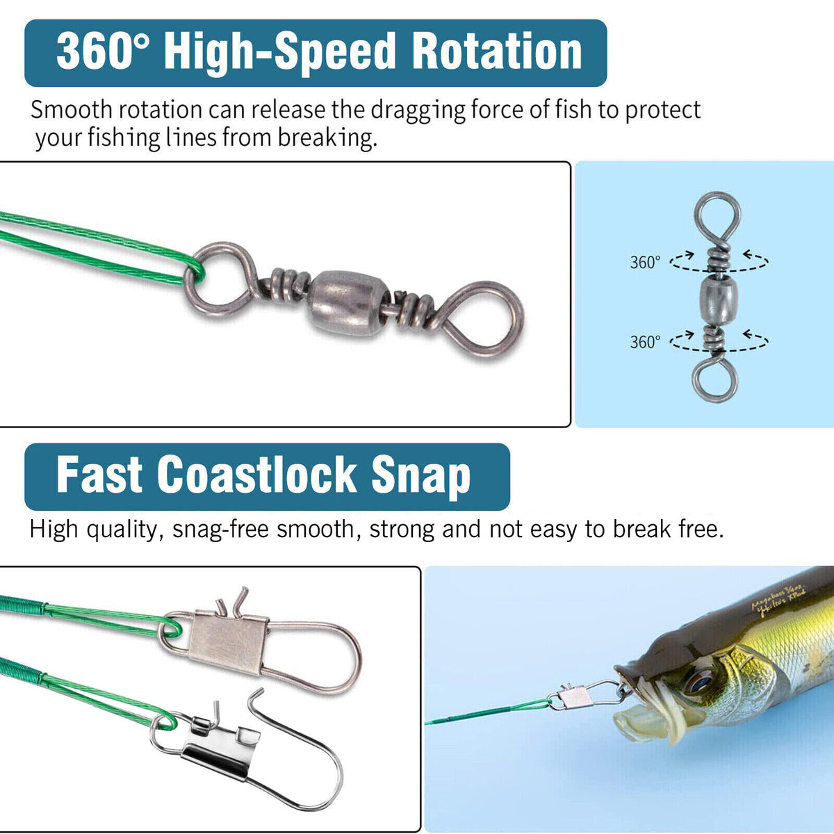 Stainless Steel Fishing Wire Leaders with Snap Swivels - 100 Pack