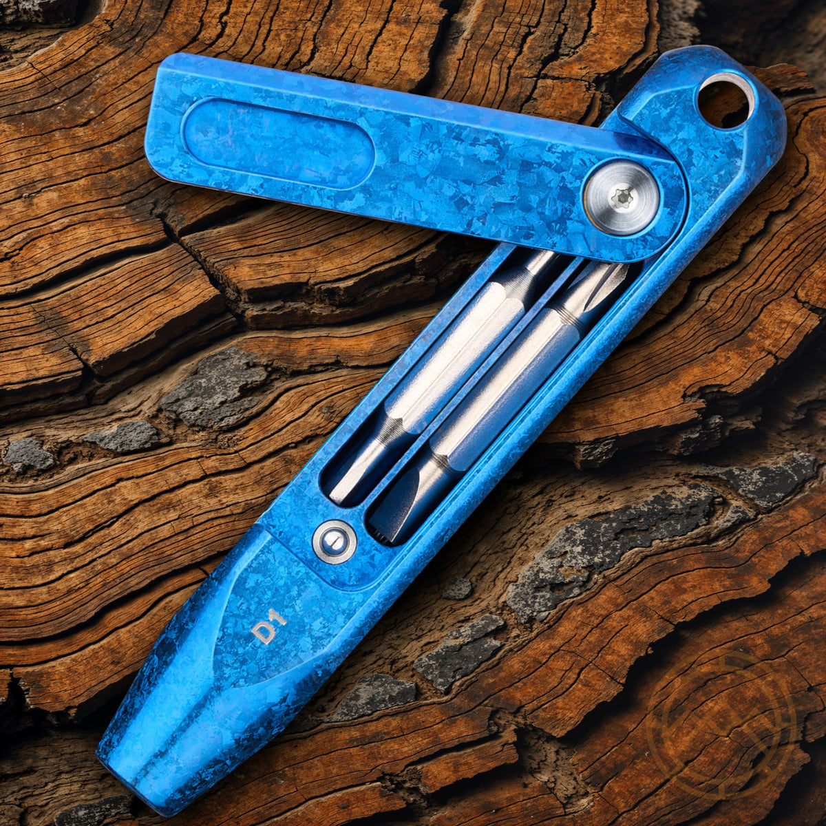Titanium Snowflake Blue Handle Knife with Hidden Bit Storage