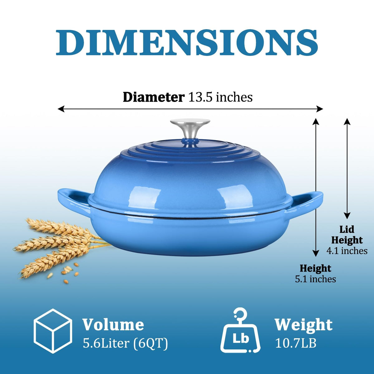 6 Quart Cast Iron Dutch Oven for Bread Baking - Blue
