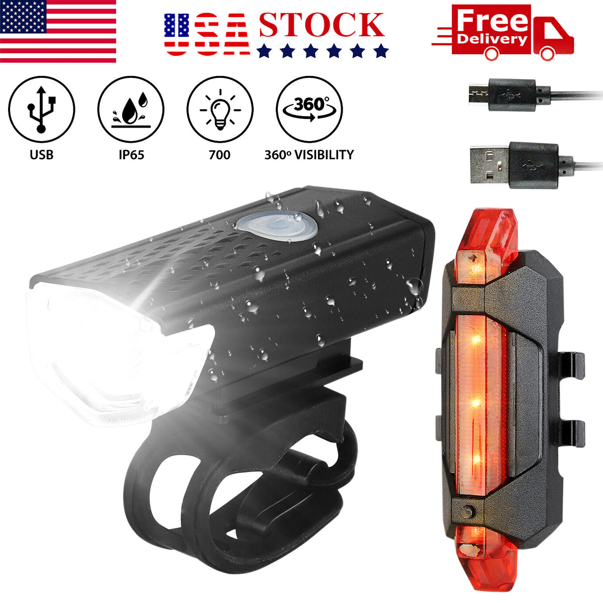 USB Rechargeable Bicycle Front and Rear LED Headlight Set - Waterproof & Bright