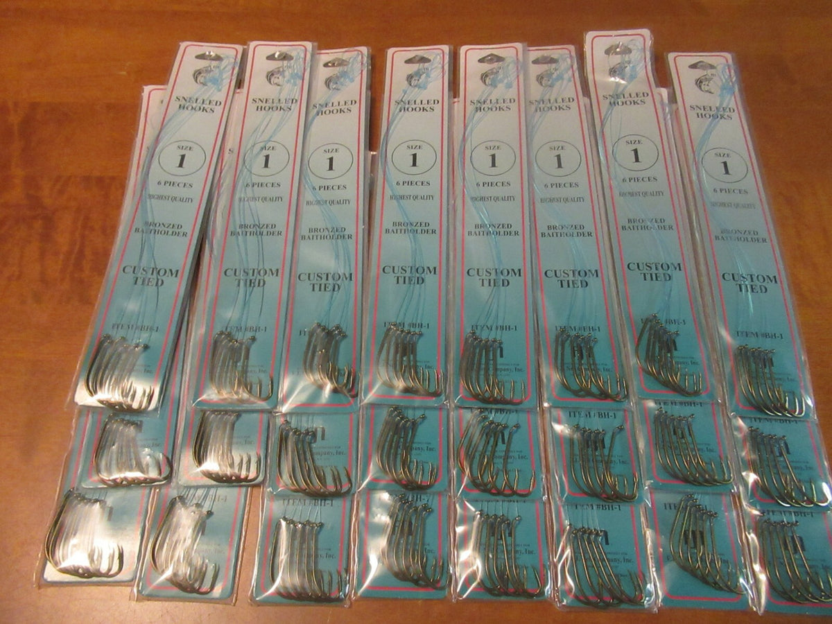 144 Snellled Fish Hooks in Assorted Sizes - Bronze Bait Holder Hooks, 6 Pack