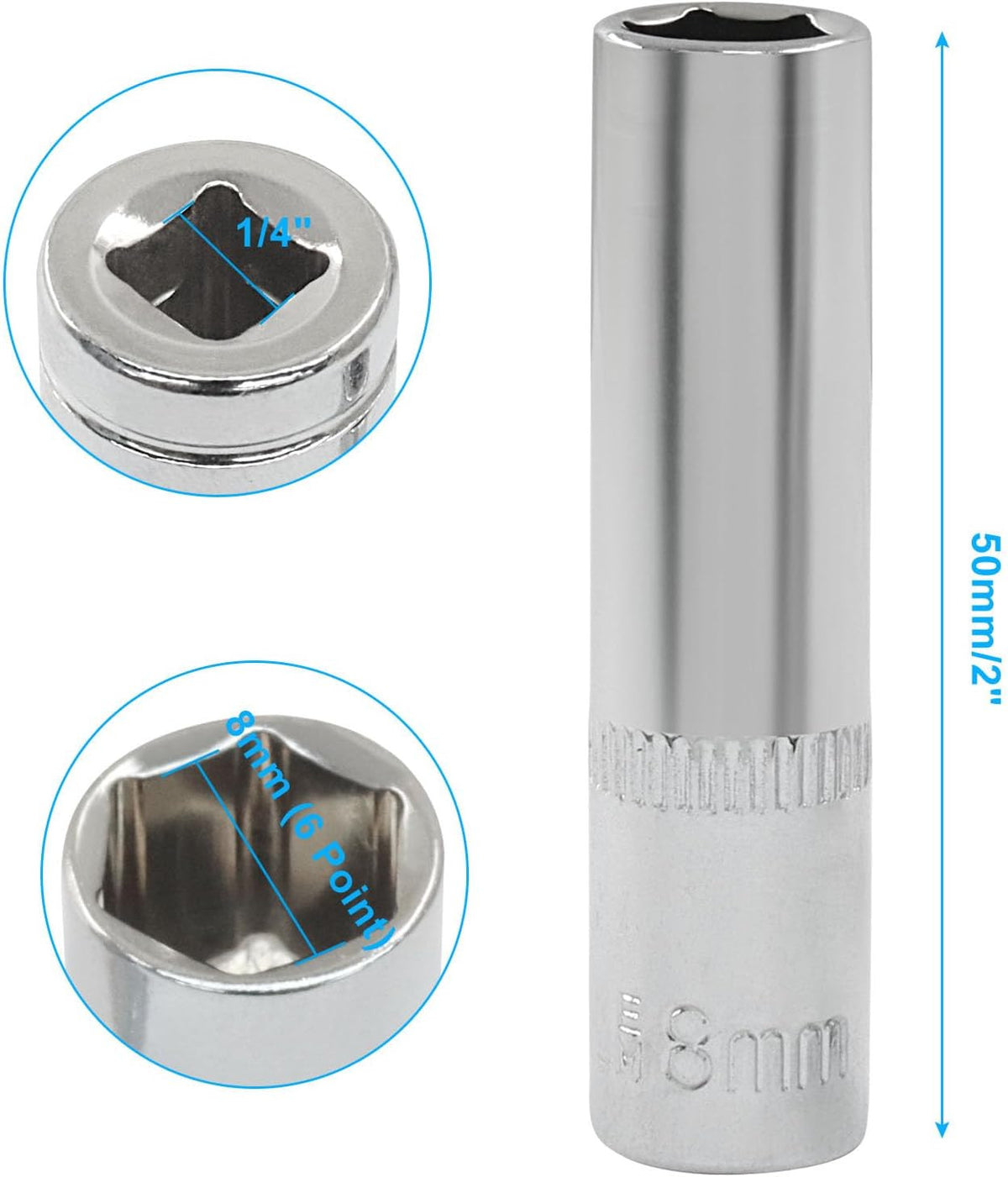 4-Piece 8mm Socket Set 1/4 Inch Drive Shallow & Deep Chrome Vanadium