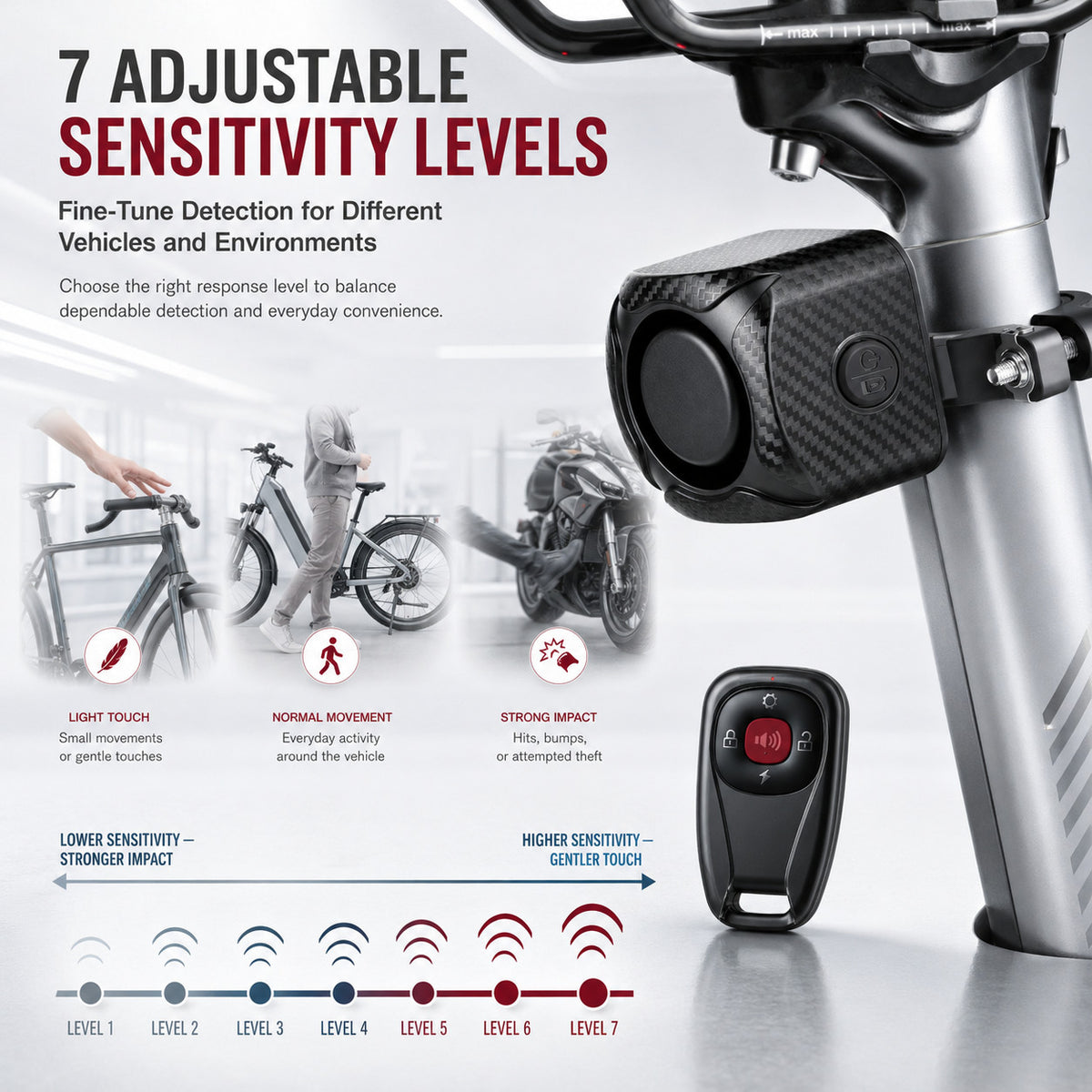 Wireless Bike Alarm with Vibrating Remote 121dB Security System IP65 Rechargeable