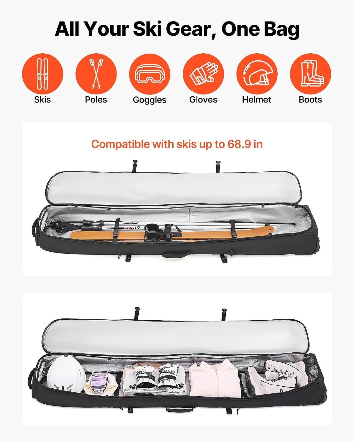 Waterproof Ski & Snowboard Roller Bag with Wheels - Padded Travel Bag for Winter Sports