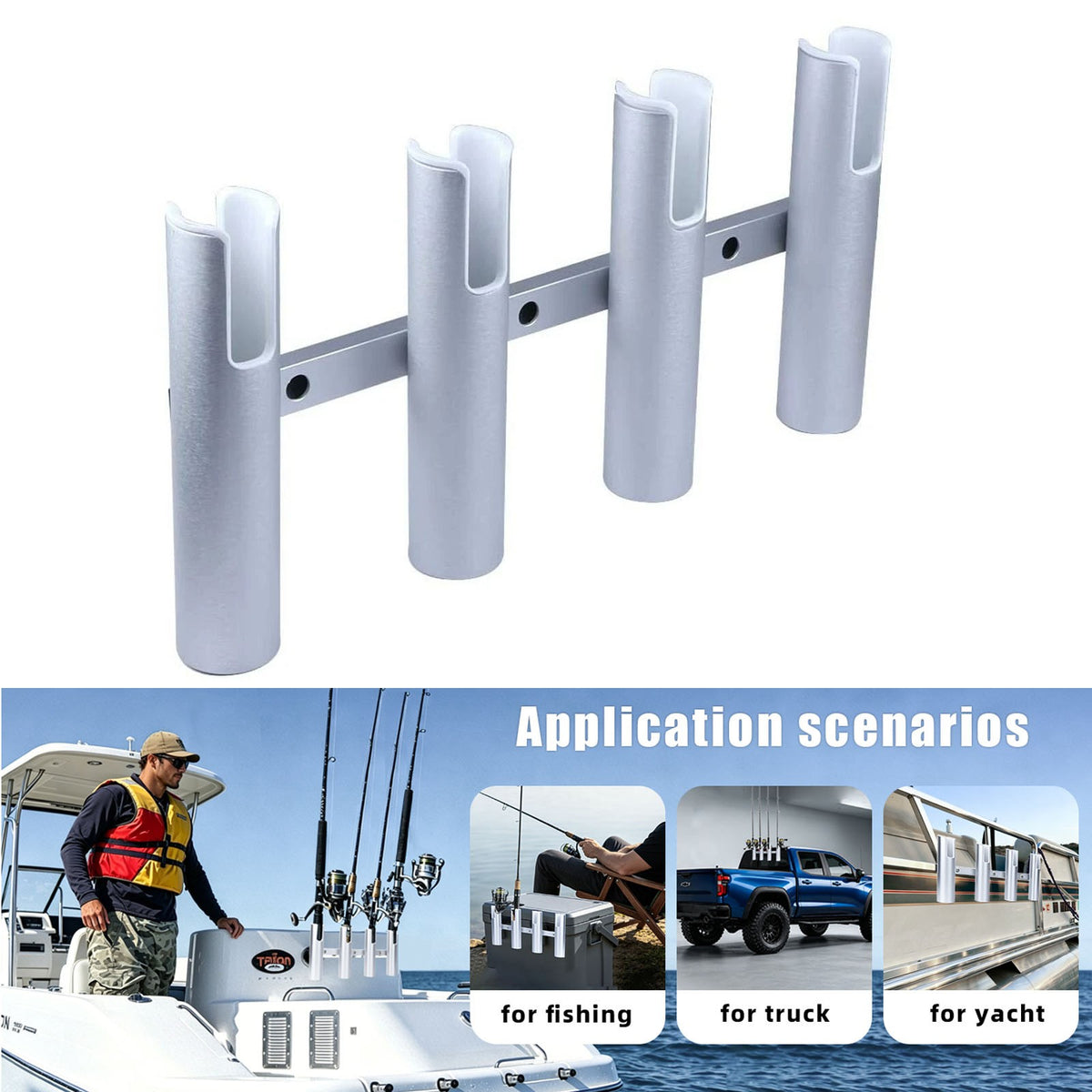 Aluminum Boat Fishing Rod Holders 4 Tubes - Heavy Duty, Rustproof, Silver