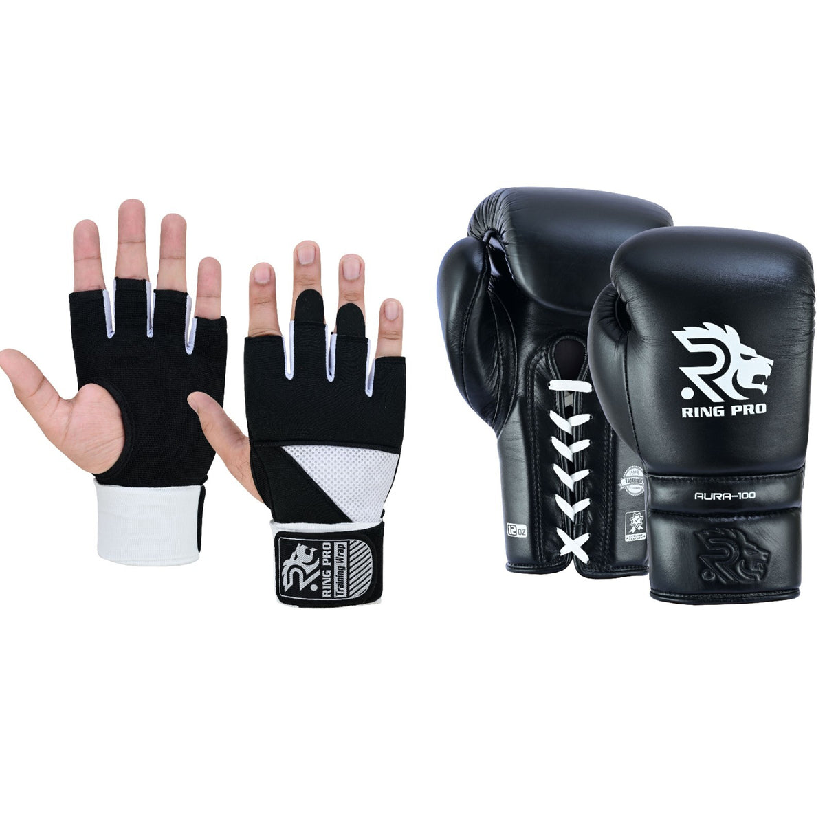Leather Boxing Gloves 14 oz with Quick Hand Wraps Training Set
