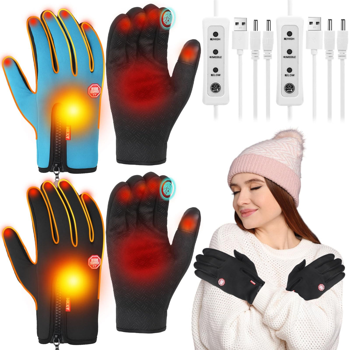 USB Heated Gloves Touchscreen Unisex Winter Gloves - Washable, 3 Temperature Settings