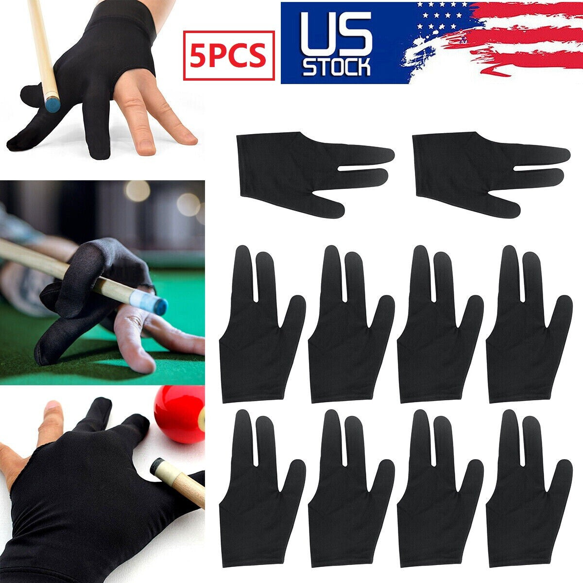 5Pcs Billiard Gloves – Three-Finger Left/Right Hand Gloves for Pool & Snooker