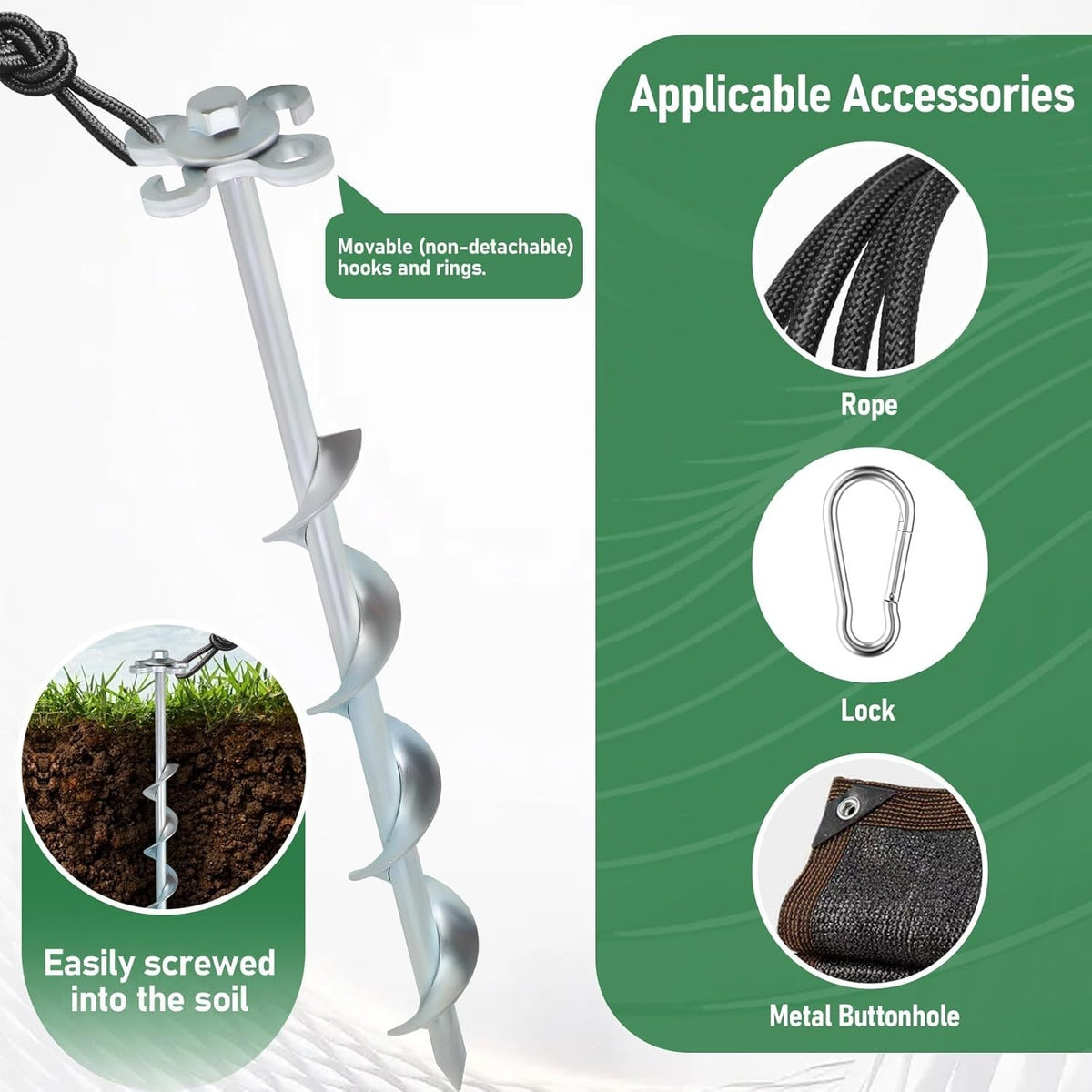 Heavy Duty Spiral Ground Anchors - Screw-In Tent Stakes with Drill Adapter (4 Pack)