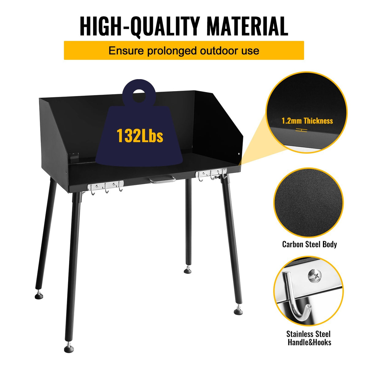 Camping Cooking Table with Windshield - 30x16 Inch Carbon Steel Portable Table