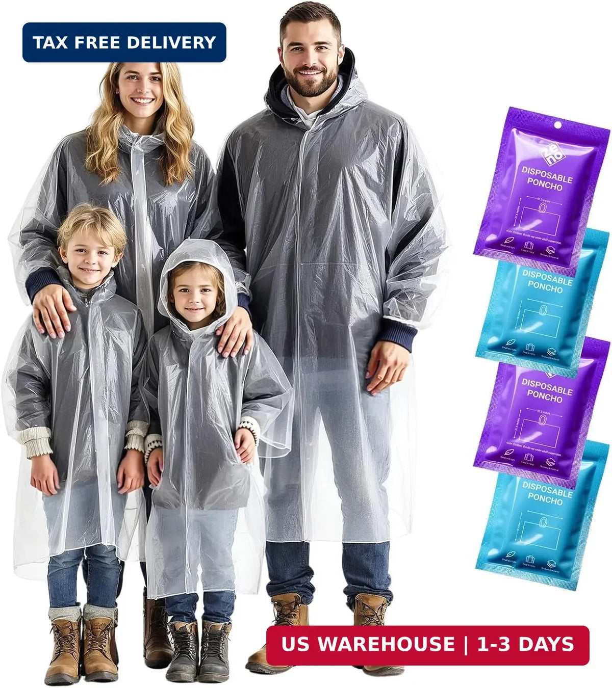 Disposable Rain Ponchos for Adults & Kids - Family Pack, Clear, Compact, Breathable, Emergency Hooded Cover