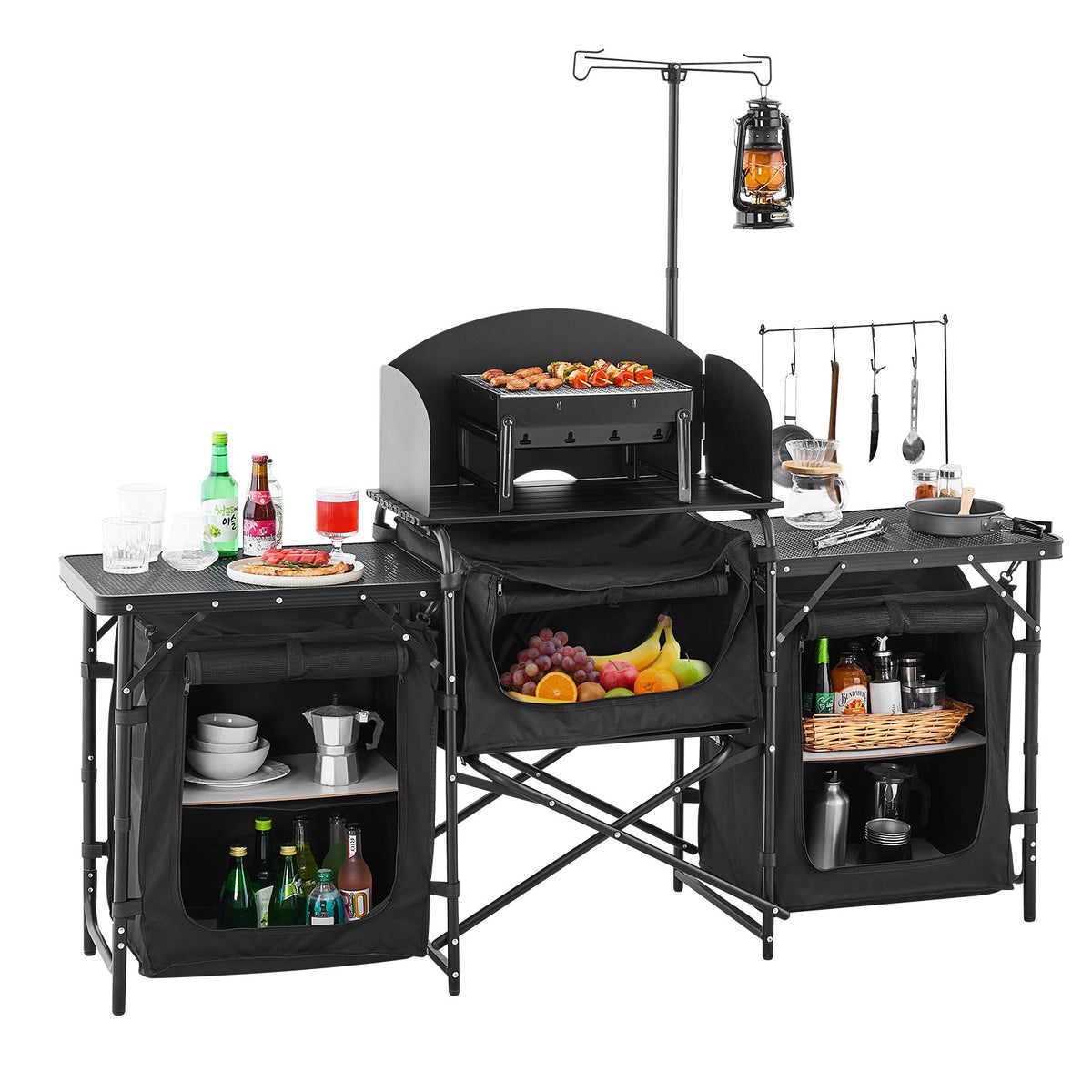 Portable Camping Kitchen Table with Windshield and Storage Compartments