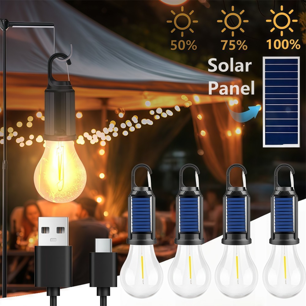 4 Pack Solar LED Camping Tent Lanterns with USB Charging & Clip Hooks