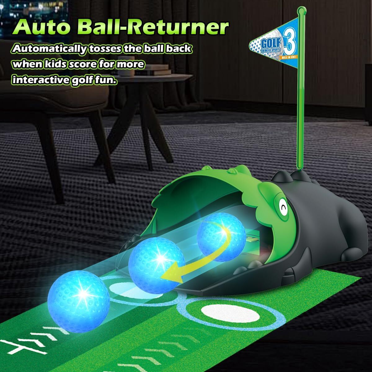 Kids Golf Set with Dinosaur Automatic Ball Return & LED Light