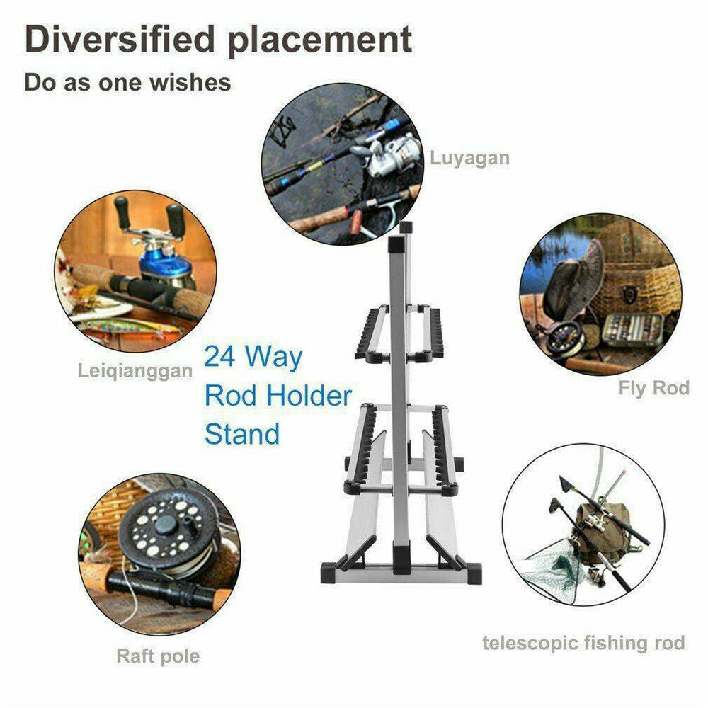 24 Rod Fishing Pole Holder Aluminum Alloy Stand Rack Storage Portable