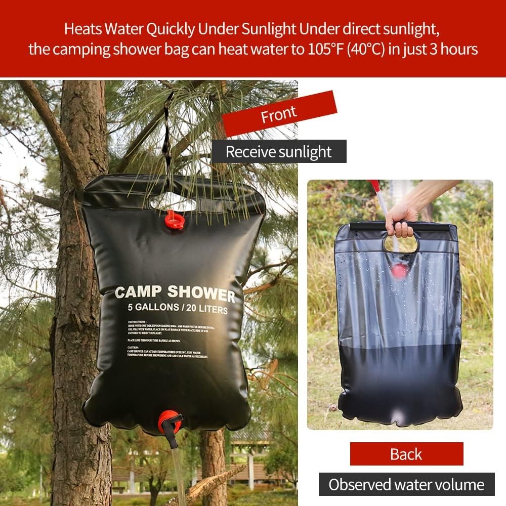 2 Pack 20L Solar Camping Shower Bags with Hose & Head - Portable Hot Water